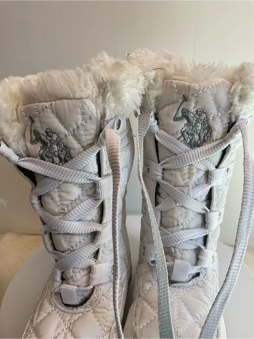 Polo Ralph Lauren Girls White Quilted Snow Boots Faux Fur Trim Lace-Up Side Zipp